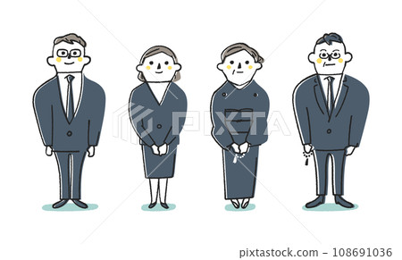 Couple in mourning clothes and funeral home staff standing set illustration material 108691036