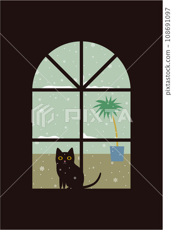 下雪時一隻黑貓從房間窗外偷看的插圖 108691097