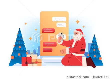 santa claus in red costume chatting in mobile app on smartphone screen online communication happy new year merry christmas holidays santa claus in red costume chatting in mobile app on smartphone screen online communication happy new year merry christmas holidays 108691159