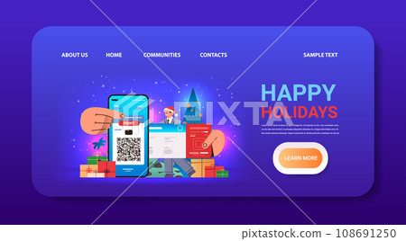man in santa claus hat printing e-tickets via mobile app online booking searching for flight service concept horizontal 108691250
