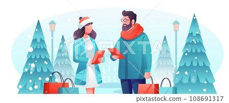 people in winter clothes holding shopping bags and using tablets outdoor new year holiday season big sale special offer promotion discount people in winter clothes holding shopping bags and using tablets outdoor new year holiday season big sale special offer promotion discount 108691317