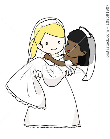 Illustration of a couple hugging a princess (white woman holding a black woman) Illustration of a couple hugging a princess (white woman holding a black woman) 108691907
