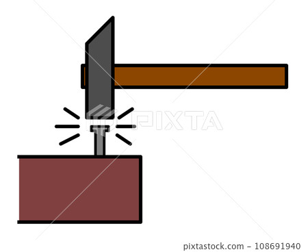 在 DIY 工具中用錘子將釘子釘入木頭的橫截面圖 108691940