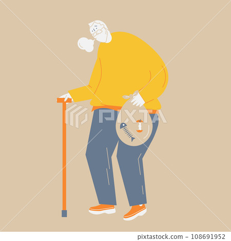 An elderly man takes out garbage while using a cane. 108691952