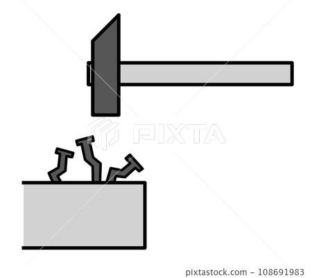 Cross-sectional illustration of driving a nail into wood with a hammer in a do-it-yourselfer 108691983