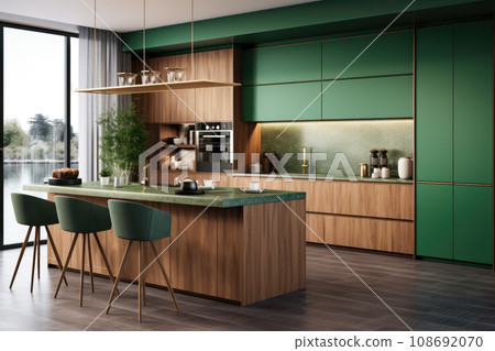 AI generation. Sleek and modern, the dark kitchen exudes industrial flair and sophistication. 108692070