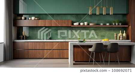 Generation AI. A sleek and modern bright kitchen with minimalist style and sophistication. Scandinavian style. Generation AI. A sleek and modern bright kitchen with minimalist style and sophistication. Scandinavian style. 108692071