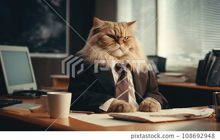 Dapper feline in a stylish suit sits working at an office desk. AI Generative 108692948