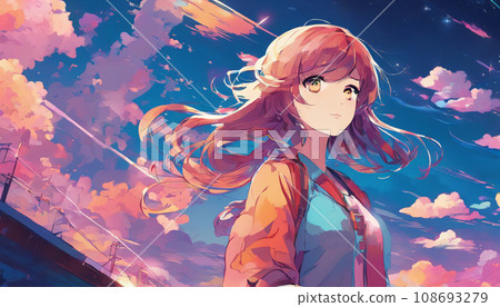 A girl looking up at the sky A girl looking up at the sky 108693279