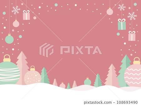 Christmas card with ornaments and tree, flat design with copy space, background pink 108693490