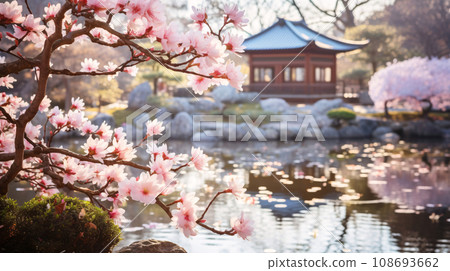 Flowers and Japanese gardens, Japanese temple scenery, AI-generated images 108693662