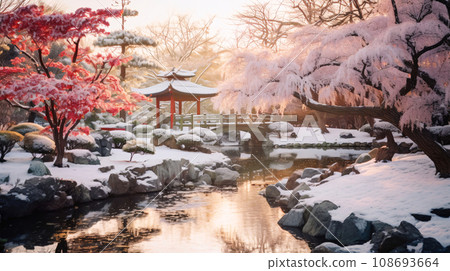 Snowy Japanese garden, Japanese temple winter landscape, AI generated image 108693664