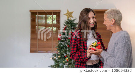 Merry Christmas senior woman with adult daughter exchange gift home 108694323