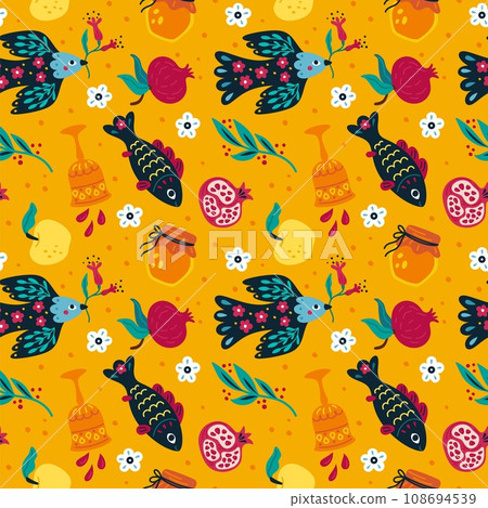 Shana Tova seamless pattern. Rosh Hashanah holiday. Repeating traditional items. Fish and bird. Wine goblet. Pomegranate and apple. Israeli New Year print. Garish vector background 108694539
