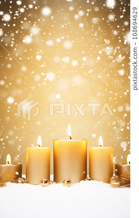 AI-generated content. Empty golden template with set of candles outdoor with snowing for text 108694629