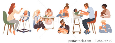 Dads and moms feed babies. Little kids eating process. Childish nutrition. Newborn kid feeding with milk bottle and spoon. Breast lactation. Toddler breastfeeding. Garish vector set 108694640