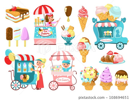 Cute ice cream sellers. Different types of cold sweets in cones, waffles and on sticks. Shopping tent on wheels. Park vans for frozen desserts selling. Food carts. Splendid vector set Cute ice cream sellers. Different types of cold sweets in cones, waffles and on sticks. Shopping tent on wheels. Park vans for frozen desserts selling. Food carts. Splendid vector set 108694651