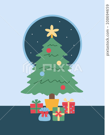 christmas gifts under the christmas tree in front of the window christmas gifts under the christmas tree in front of the window 108694659