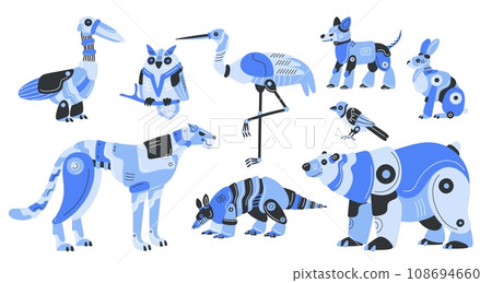 Cartoon robotic animals. Futuristic technologies. Cyber fauna androids. Mechanical birds. Mammal transformers. Automaton creature. Metal bear or hare. Electronic mascots. Garish vector set 108694660