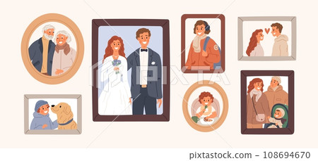 Cartoon family photo portraits on wall. Memorable pictures with happy people. Home interior. Wedding photographs. Parents together with kids. Smiling grandparents. Garish vector set 108694670