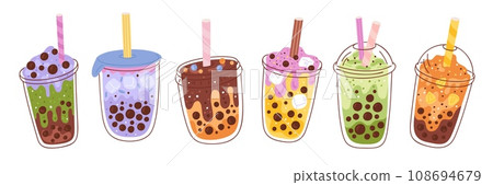 Bubble tea. Milk drinks with tapioca pearls. Summer fruit beverages in plastic cups with lids. Different tastes cocktails. Asian smoothie. Sweet milkshake glasses. Garish vector set 108694679