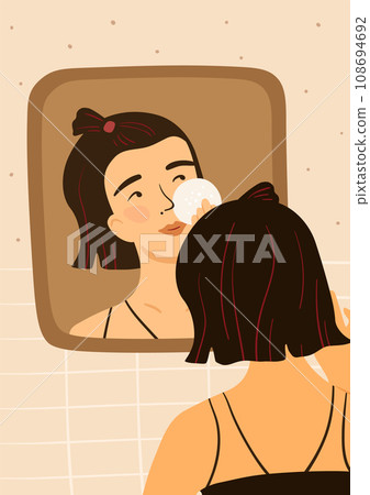 Beauty routine. Woman applying cosmetic lotion with sponge. Girl looking at mirror. Everyday skin care hygiene procedure. Female reflection. Home bathroom. Lady back view. Vector concept Beauty routine. Woman applying cosmetic lotion with sponge. Girl looking at mirror. Everyday skin care hygiene procedure. Female reflection. Home bathroom. Lady back view. Vector concept 108694692