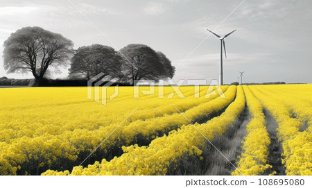 Wind turbine in a yellow flower field, Alternative energy. Generative AI. 108695080