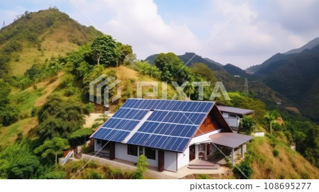eco-friendly house with solar panels on the roof surrounded by green nature. Generative AI 108695277