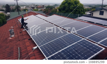 solar panesl or photovoltaic plant on the roof of a house. Generative AI 108695299