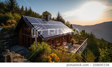 eco-friendly house with solar panels on the roof surrounded by green nature. Generative AI eco-friendly house with solar panels on the roof surrounded by green nature. Generative AI 108695336