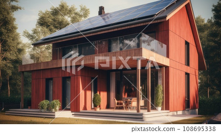 Alternative green energy, solar panels on the roof top of the house. Generative AI 108695338