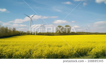 Wind turbine in a yellow flower field, Alternative energy. Generative AI Wind turbine in a yellow flower field, Alternative energy. Generative AI 108695345