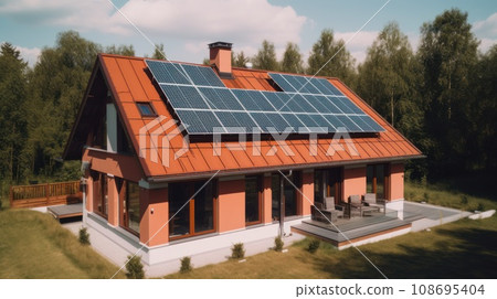 Alternative green energy, solar panels on the roof top of the house. Generative AI Alternative green energy, solar panels on the roof top of the house. Generative AI 108695404