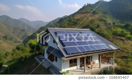eco-friendly house with solar panels on the roof surrounded by green nature. Generative AI eco-friendly house with solar panels on the roof surrounded by green nature. Generative AI 108695407