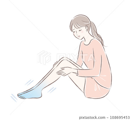 Illustration of a young woman whose toes tremble due to cold/sensitivity 108695453