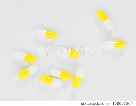 White yellow medical pills. Medical and Healthcare Concept, top view with copy space. White yellow medical pills. Medical and Healthcare Concept, top view with copy space. 108695504