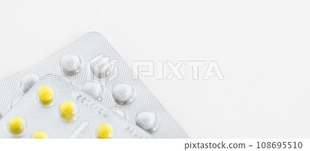 Pills in plastic package, copy space. Health insurance and Global healthcare concept. Pills in plastic package, copy space. Health insurance and Global healthcare concept. 108695510