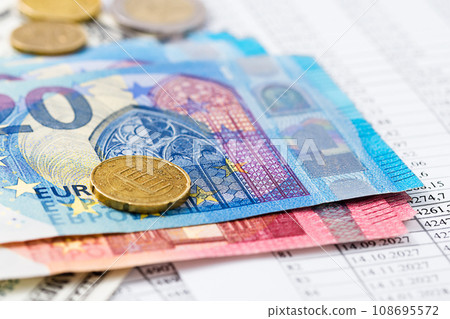 Euro bills and coins on accounting documents. Euro bills and coins on accounting documents. 108695572