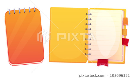Set diary, note book in cartoon style top view, open, closed isolated on white background. Book with bookmarks and spiral, daily planner. Set diary, note book in cartoon style top view, open, closed isolated on white background. Book with bookmarks and spiral, daily planner. 108696331