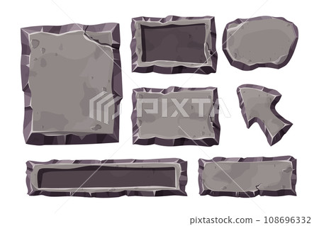 Set stone game menu panels, textured ui frames interface template in comic cartoon style isolated on white background. Set stone game menu panels, textured ui frames interface template in comic cartoon style isolated on white background. 108696332