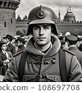 A young man in a military uniform on the square.  108697708