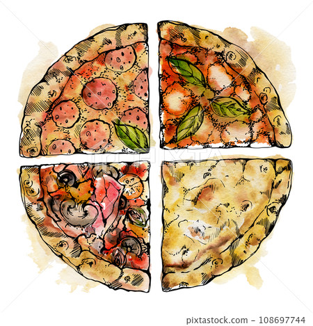 Hand drawn watercolor ink illustration. Pizza slice with toppings, traditional Italian cuisine meal. Single object isolated on white. Design restaurant, menu, cafe, food shop or package, flyer, print. 108697744