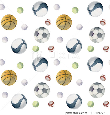 Hand drawn watercolor team sports gear equipment, balls mix, training, health fitness lifestyle. Illustration isolated seamless pattern white background. Design poster, print, website, card, shop Hand drawn watercolor team sports gear equipment, balls mix, training, health fitness lifestyle. Illustration isolated seamless pattern white background. Design poster, print, website, card, shop 108697759