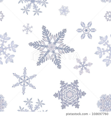 Hand drawn watercolor snowflakes, blue silver water ice crystals frozen in winter. Illustration isolated seamless pattern, white background. Design for holiday poster, print, website, card, invitation Hand drawn watercolor snowflakes, blue silver water ice crystals frozen in winter. Illustration isolated seamless pattern, white background. Design for holiday poster, print, website, card, invitation 108697760