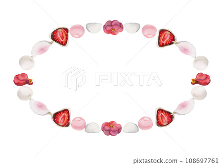 Watercolor hand drawn traditional Japanese sweets. Frame with winter wagashi and camellia. Isolated on white background. Design for invitations, restaurant menu, greeting cards, print, textile Watercolor hand drawn traditional Japanese sweets. Frame with winter wagashi and camellia. Isolated on white background. Design for invitations, restaurant menu, greeting cards, print, textile 108697761