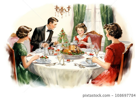 Vintage illustration of a family Christmas dinner 108697784