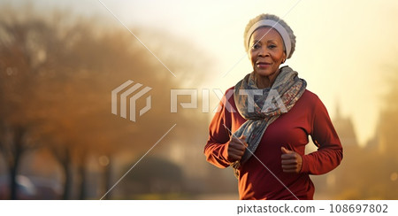 Senior woman going for a run. African woman runs in the autumn 108697802