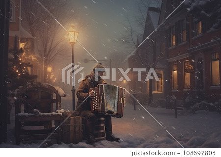 Retro illustration, man playing an antique accordion in the street New Year's Day 108697803