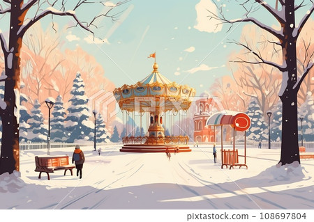 Retro illustration of a winter city park with children on swings Retro illustration of a winter city park with children on swings 108697804