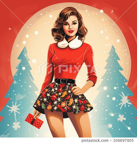 Retro illustration of a girl's New Year's Eve costume inspired by 1950s fashion, with a Christmas tree and presents Retro illustration of a girl's New Year's Eve costume inspired by 1950s fashion, with a Christmas tree and presents 108697805